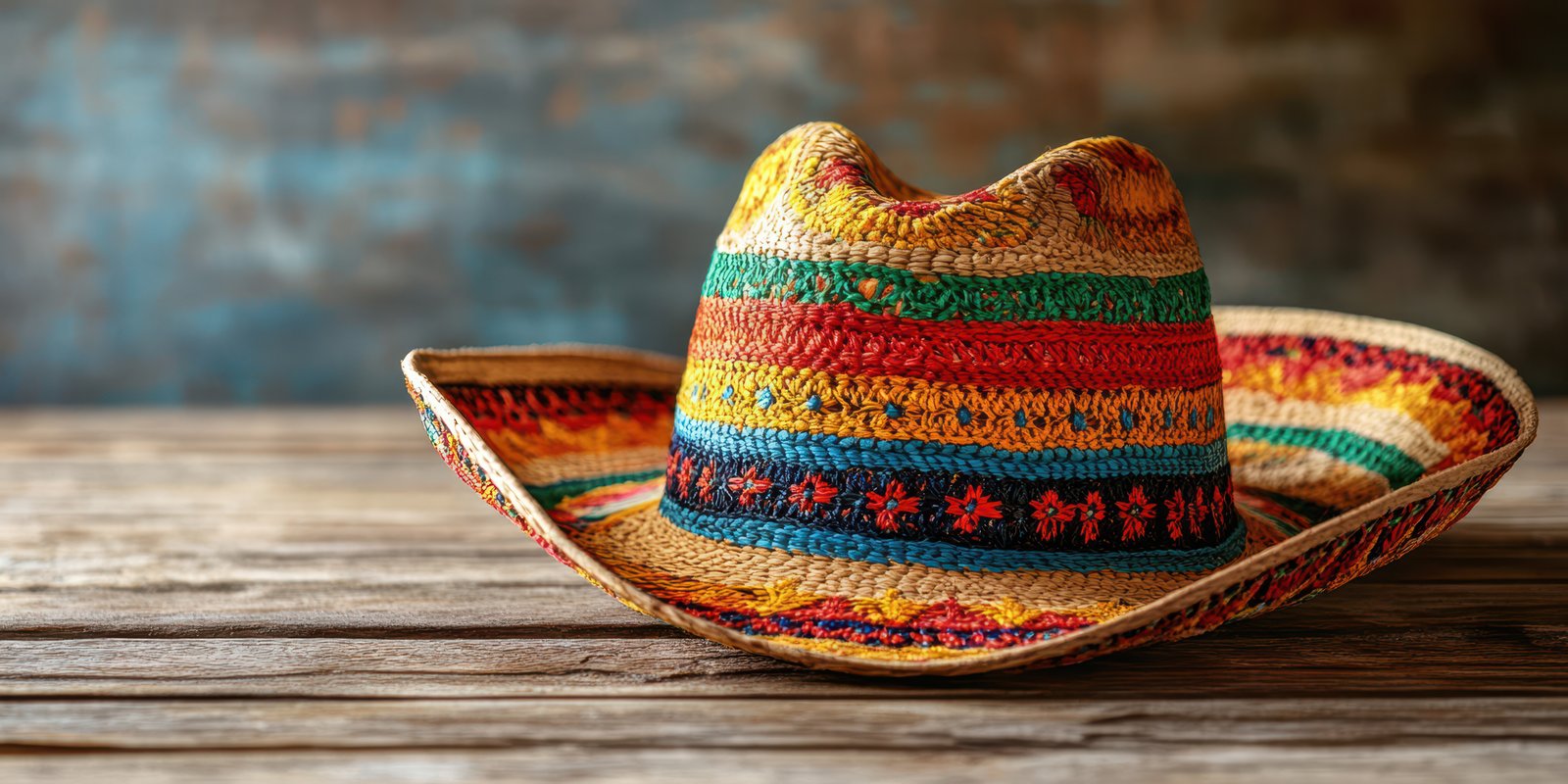 Colorful straw hat resting on wooden table with rustic background and soft lighting